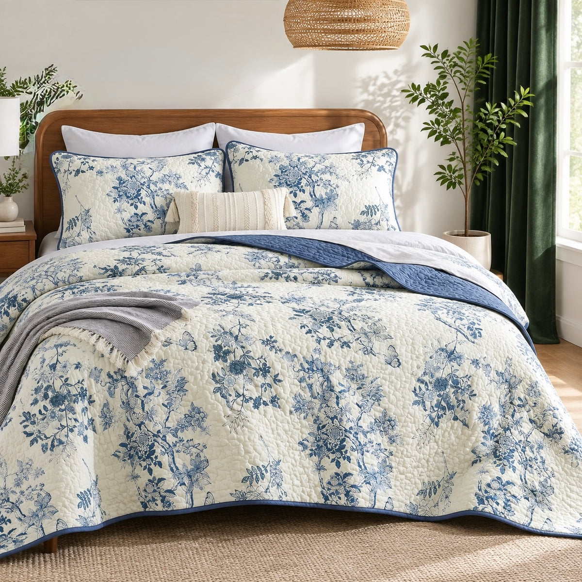 NEW Anthropologie Blue & White Vintage Floral Quilt Coverlet Bedding Sham & Set
