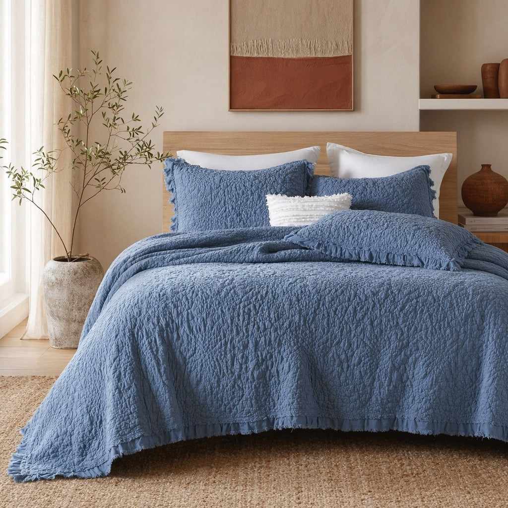 NEW Anthro Dusty Blue Boho Ruffle Crinkle Queen / King Bedding Quilt & Sham Set