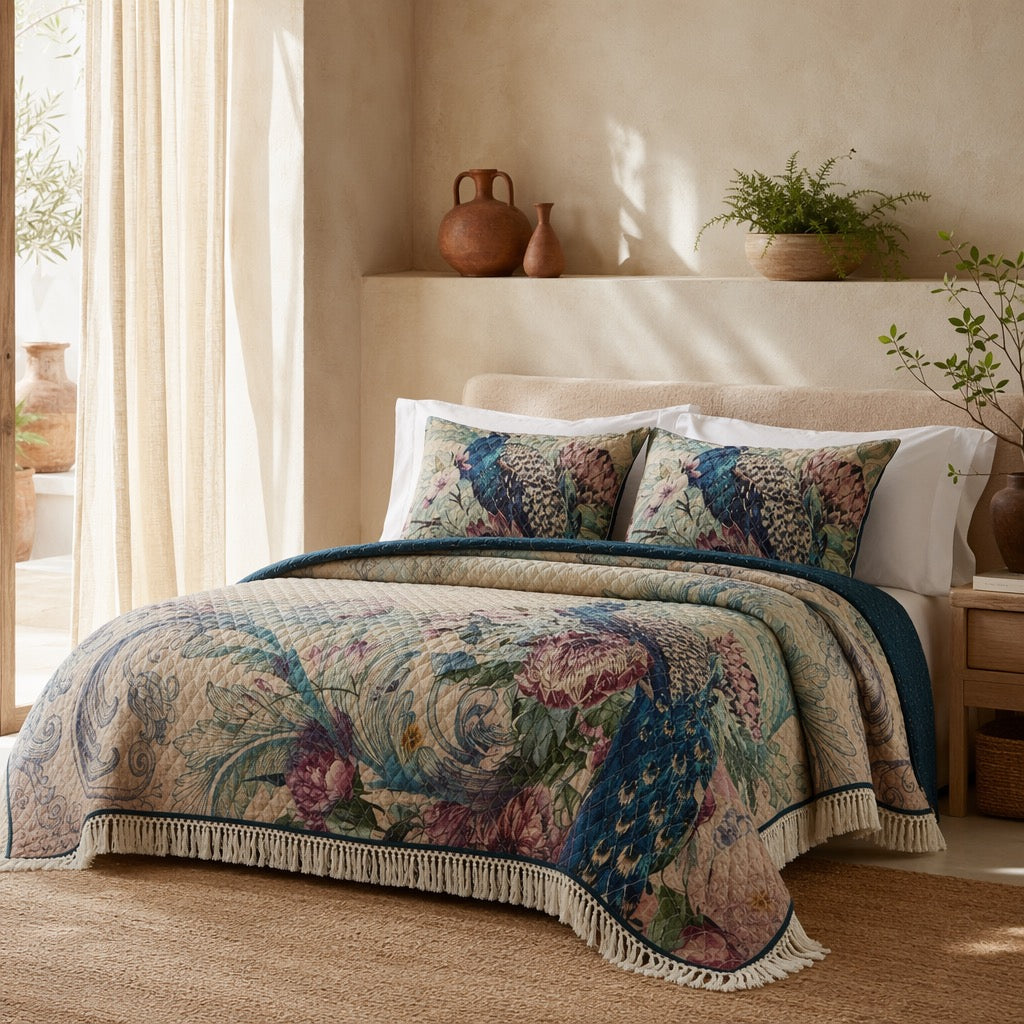NEW Anthropologie Peacock Tassel Fringe Boho Quilt Bedspread Bedding & Sham Set