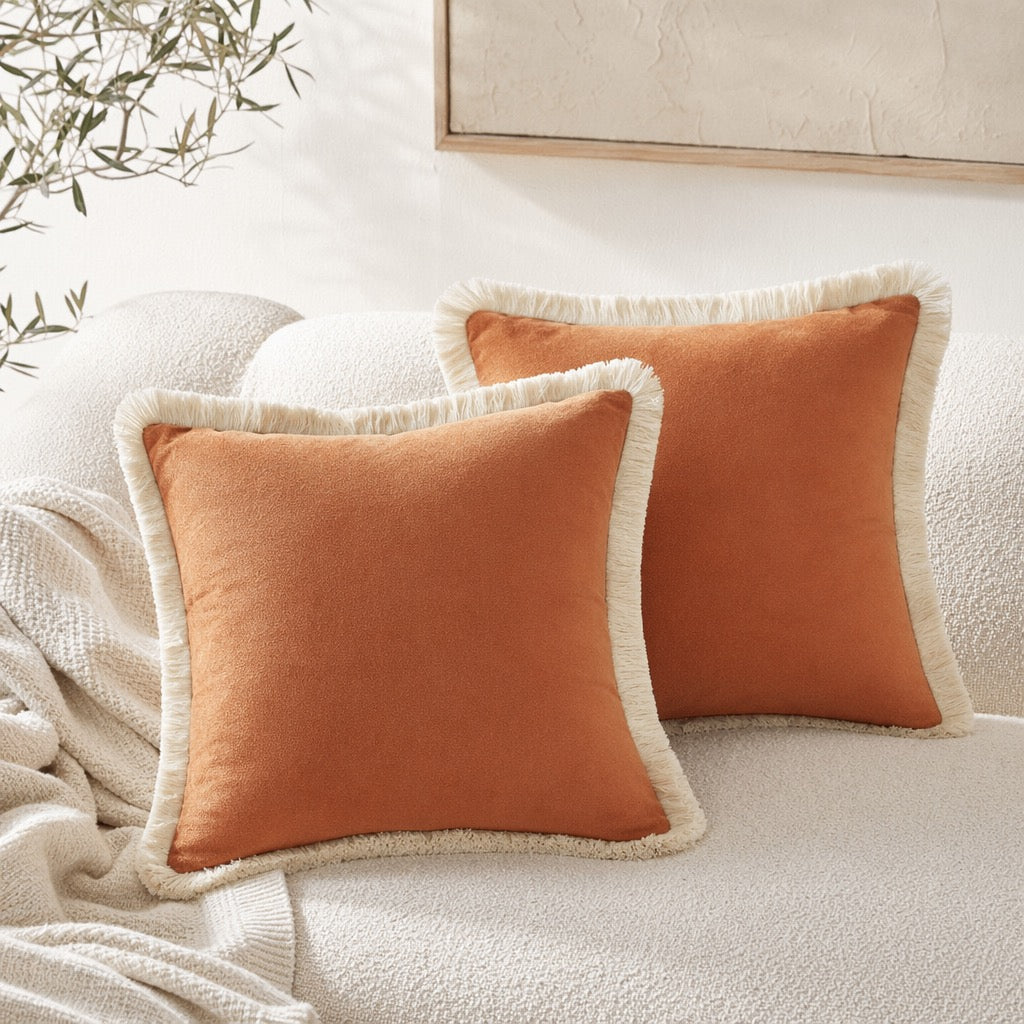New West Elm Set 2 Orange Velvet Boho Fringe Throw Pillow Case Cover Sham 18x18