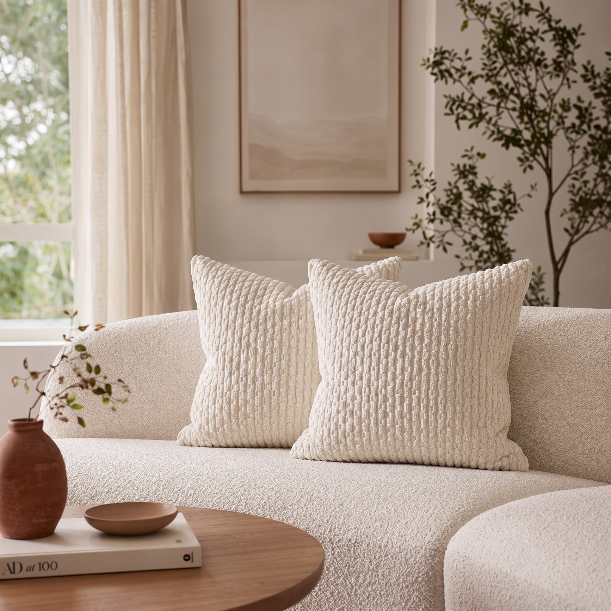 New West Elm (Set 2) White Velvet Corduroy Euro Throw Pillow Cover Sham 24 x 24