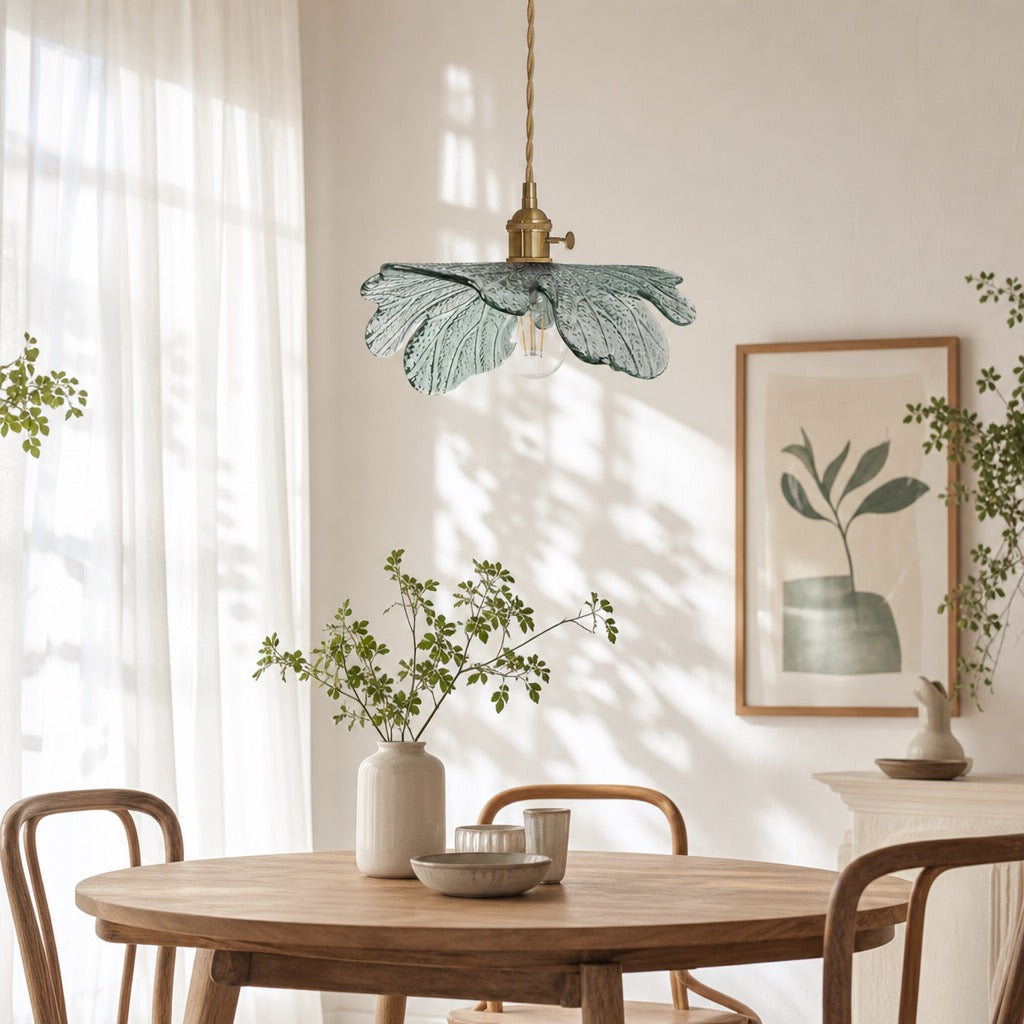NEW Anthro Vintage Blue Glass Hanging Retro Gold Floral Pendant Light Fixture