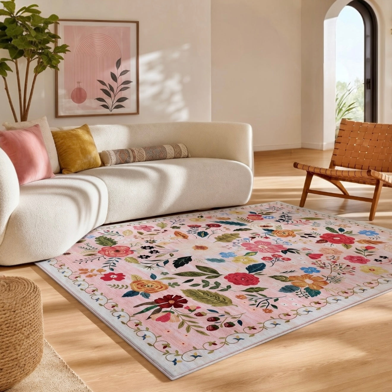 NEW Anthropologie White Floral Boho Vintage Multicolor  Area Rug Carpet 5' x 7'