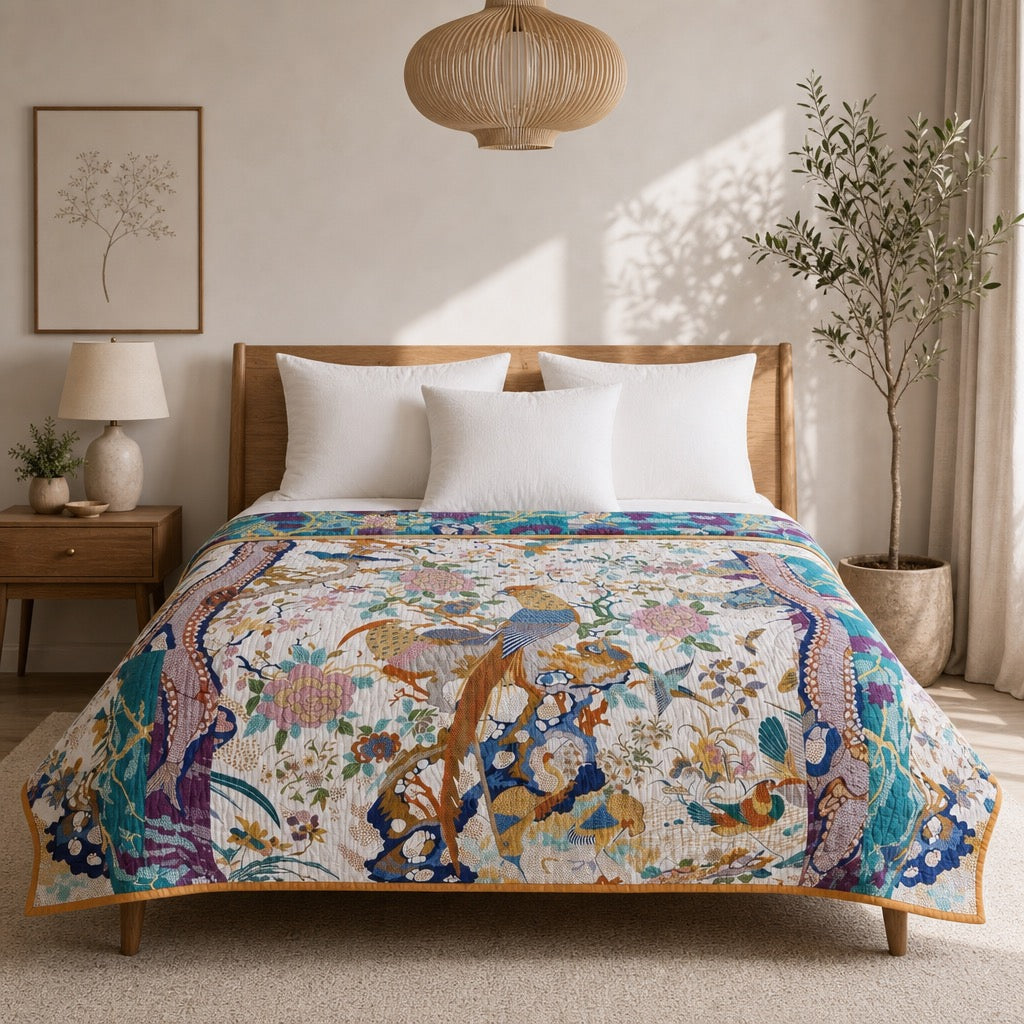 NEW Anthro Reversible Boho Bird Cotton Bedspread Blanket Quilt - Multiple Sizes
