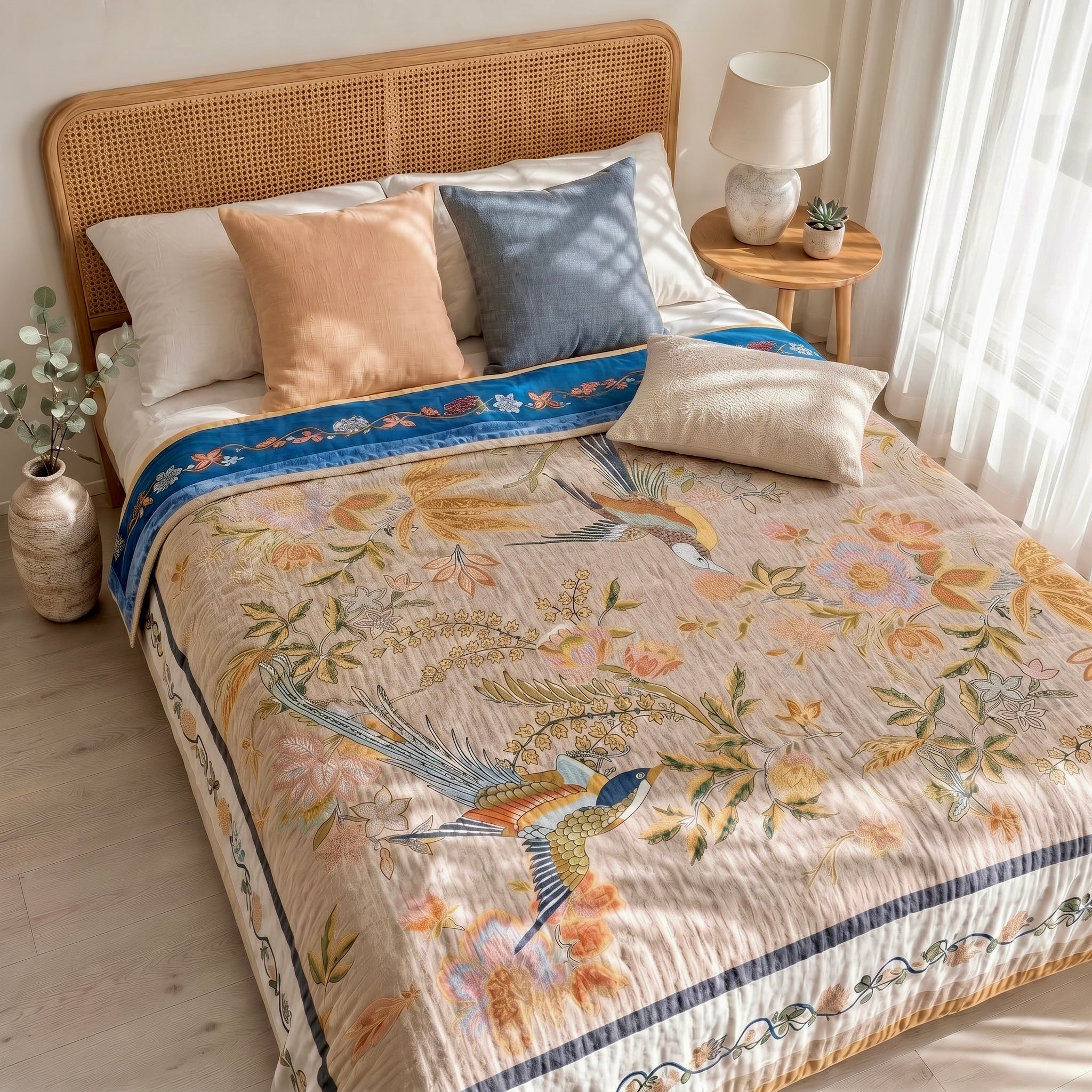 NEW Anthro XL Reversible Boho Bird Multicolor Queen / King Size Bedspread Quilt