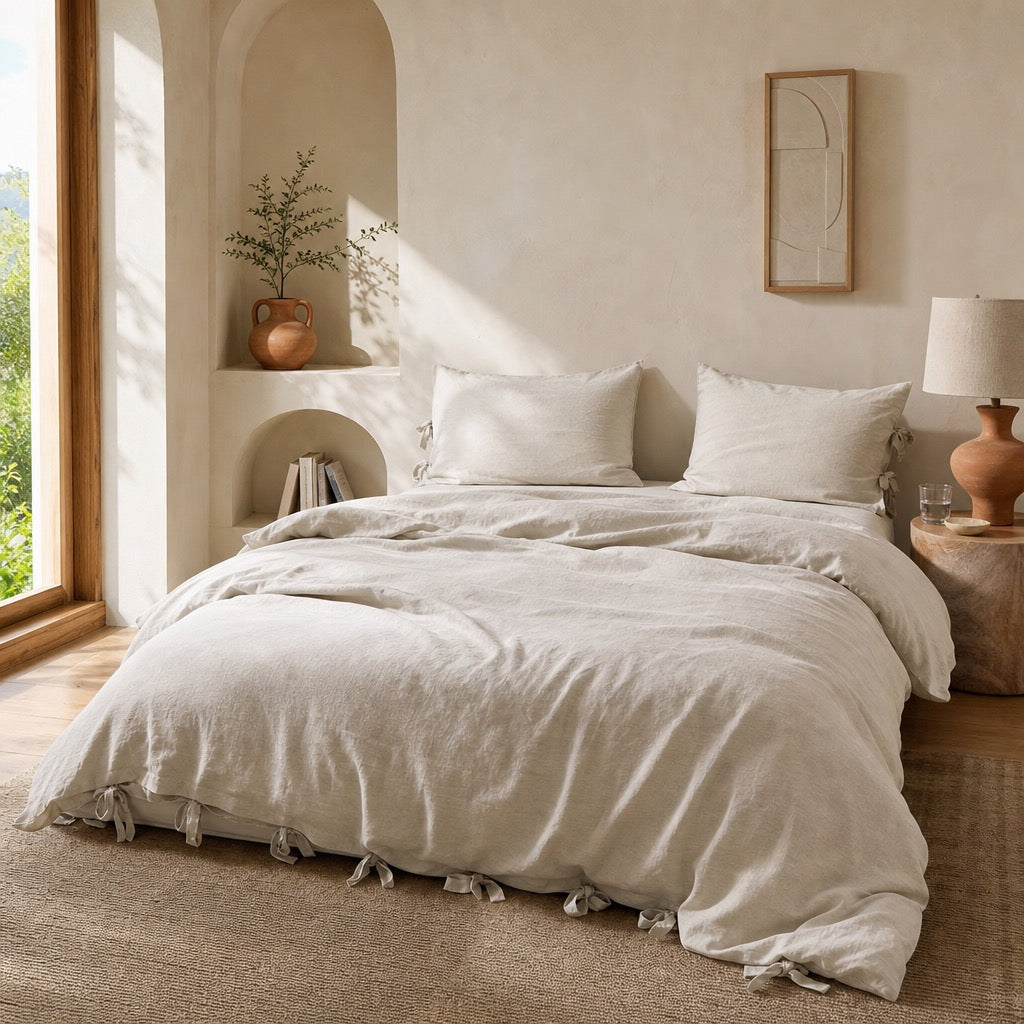 NEW West Elm Boho Beige Khaki Bow Queen Size Soft Washed Bedding Duvet & Sham Set