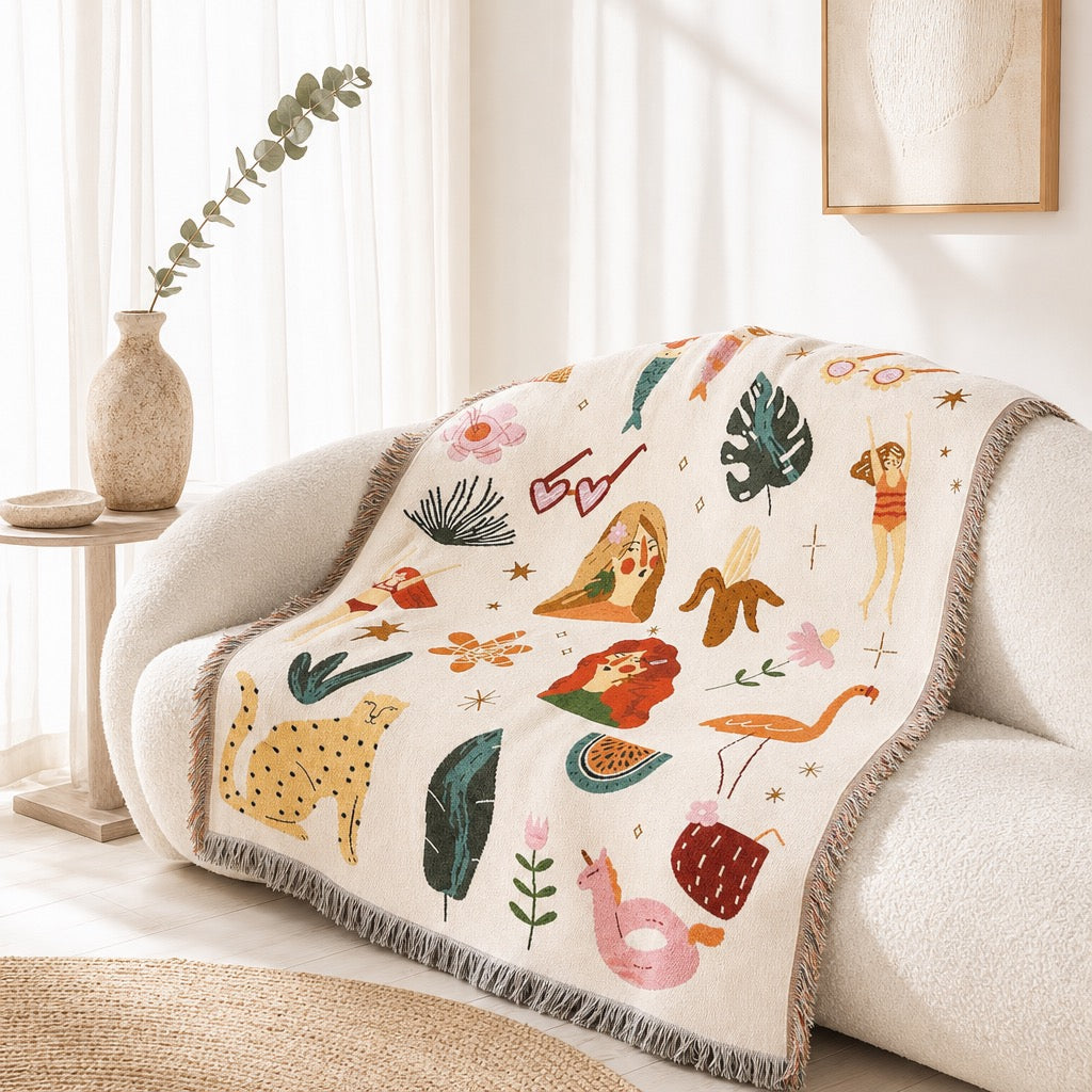NEW Anthropologie Boho Abstract Tassel Throw Blanket Bedspread Quilt - 63" x 50"