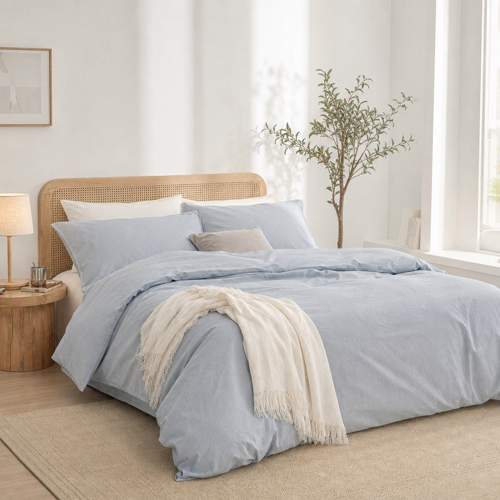 NEW West Elm Light Blue Solid 100% Cotton King / Queen Bedding Duvet & Sham Set