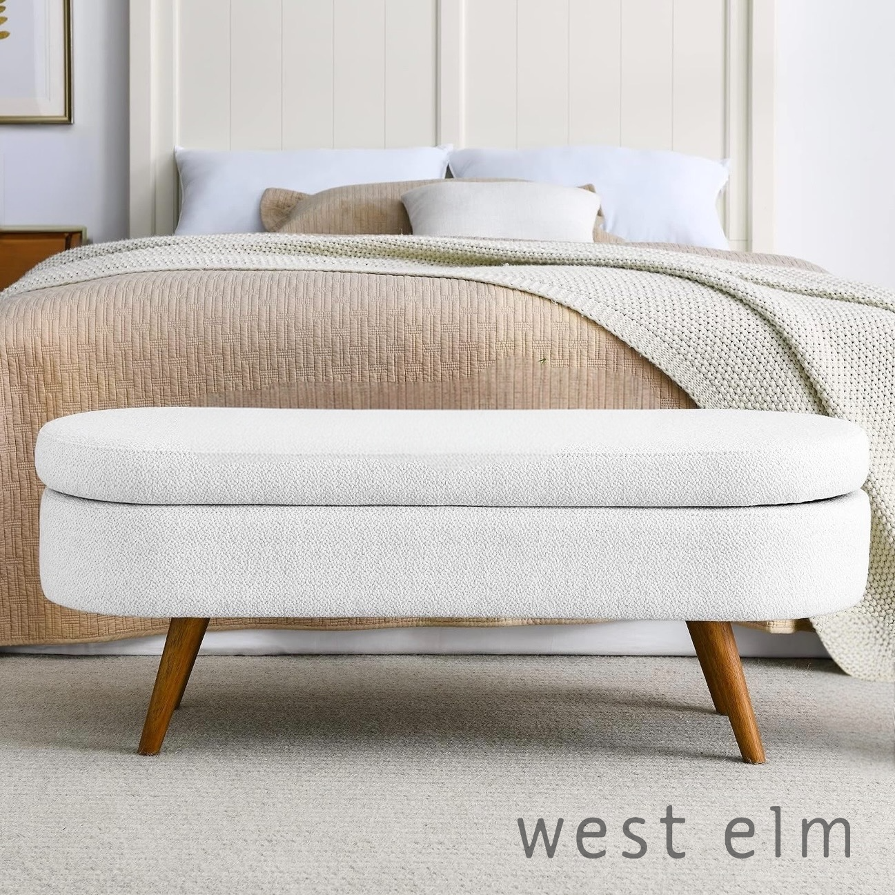 NEW West Elm White Boucle Fabric Storage Ottoman Mid-century Modern Furniture