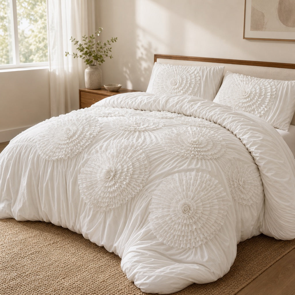 NEW Anthropologie Ivory Floral Tufts Queen King Boho Comforter Bedding Sham Set