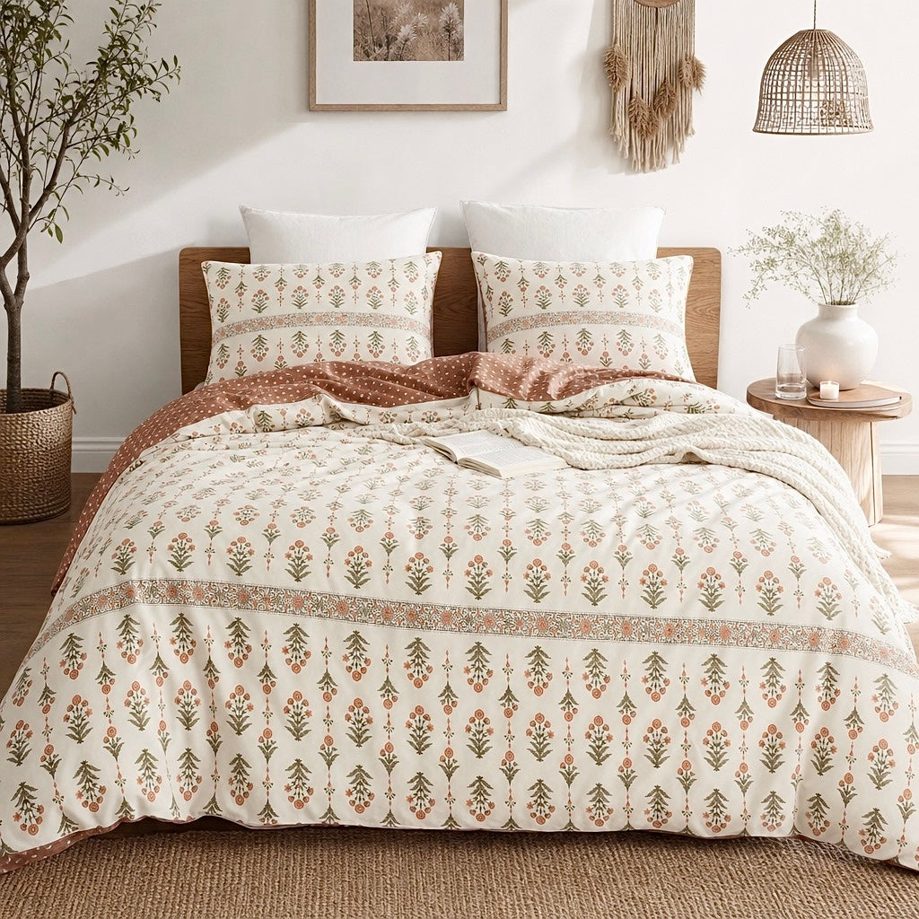 NEW Anthropologie White & Coral Boho Cotton Floral Retro Bedding Duvet Sham Set
