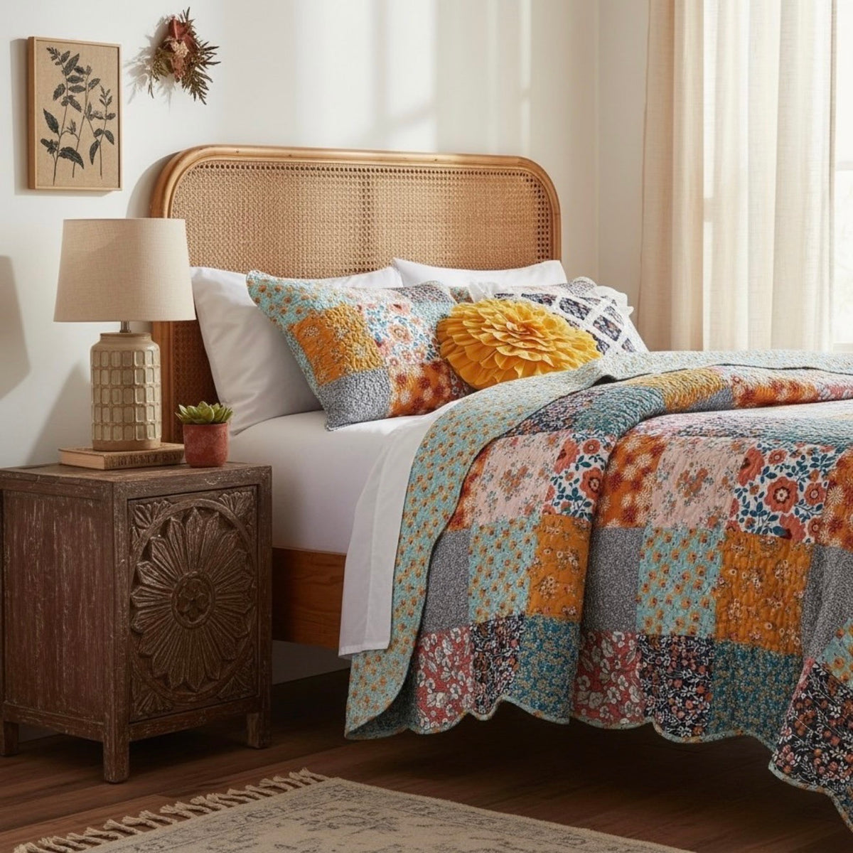 NEW Anthropologie Patchwork Floral Reversible Queen King Bedding Quilt Sham Set