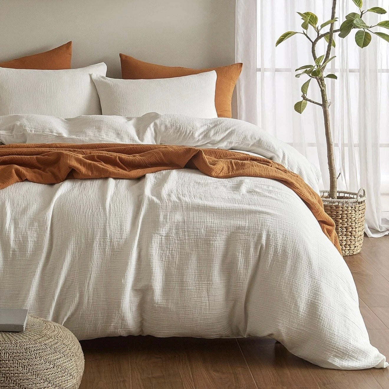 NEW Anthropologie White Boho Muslin Cotton Gauze Luxury Duvet Bedding & Sham Set