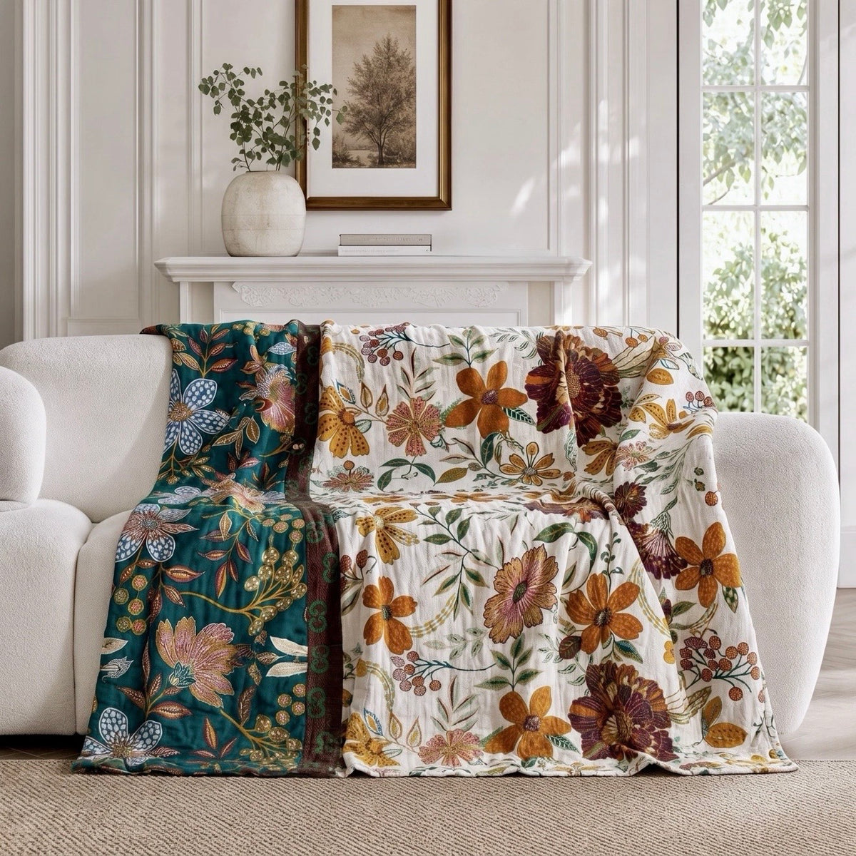 New Anthropologie Boho Floral Reversible Throw Blanket Bedspread Quilt 80" x 60"