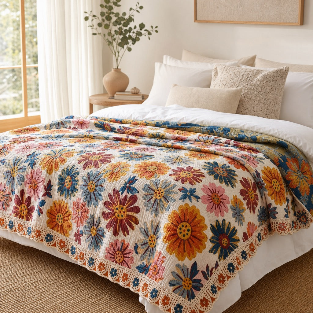 NEW Anthropologie XL Boho Floral Reversible Blanket Bedspread Quilt - 80" x 92"