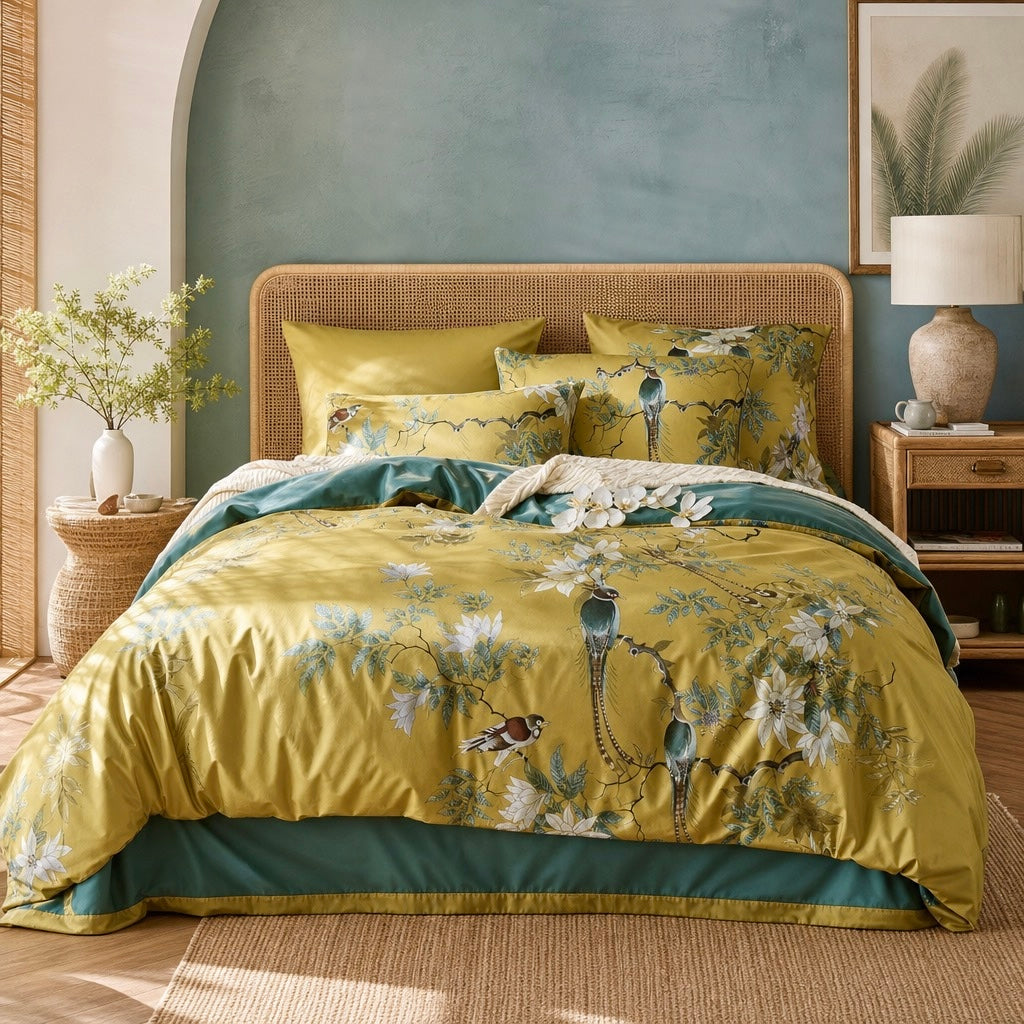 NEW Anthropologie Yellow Boho King / Queen Floral Bird Bedding Duvet & Sham Set