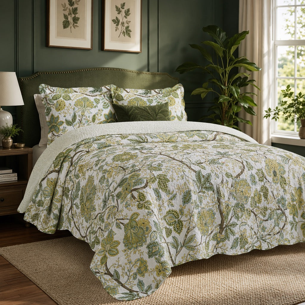 NEW Anthropologie Green Floral Cotton Quilt Bedding Bedspread Quilt & Sham Set
