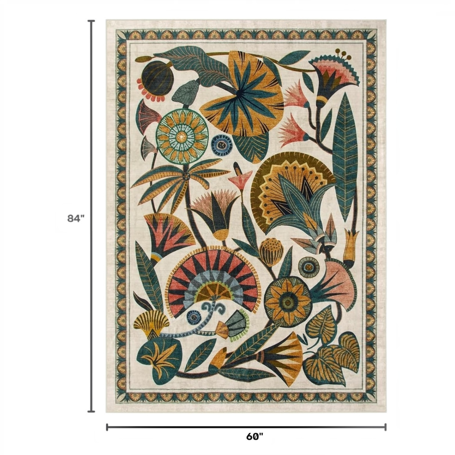NEW Anthropologie Boho Egypt Floral Multicolor Washable Area Rug Carpet 5' x 7'