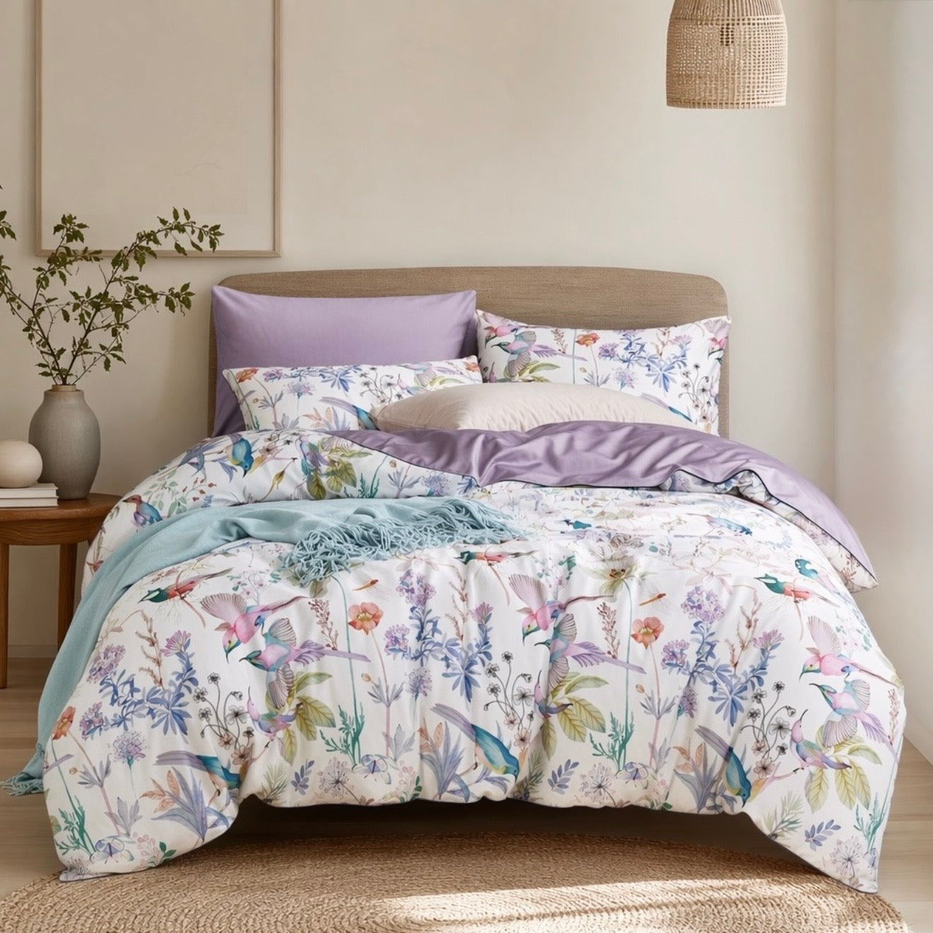 NEW Anthropologie Purple Floral Bird Cotton Queen / King Bedding Duvet Sham Set