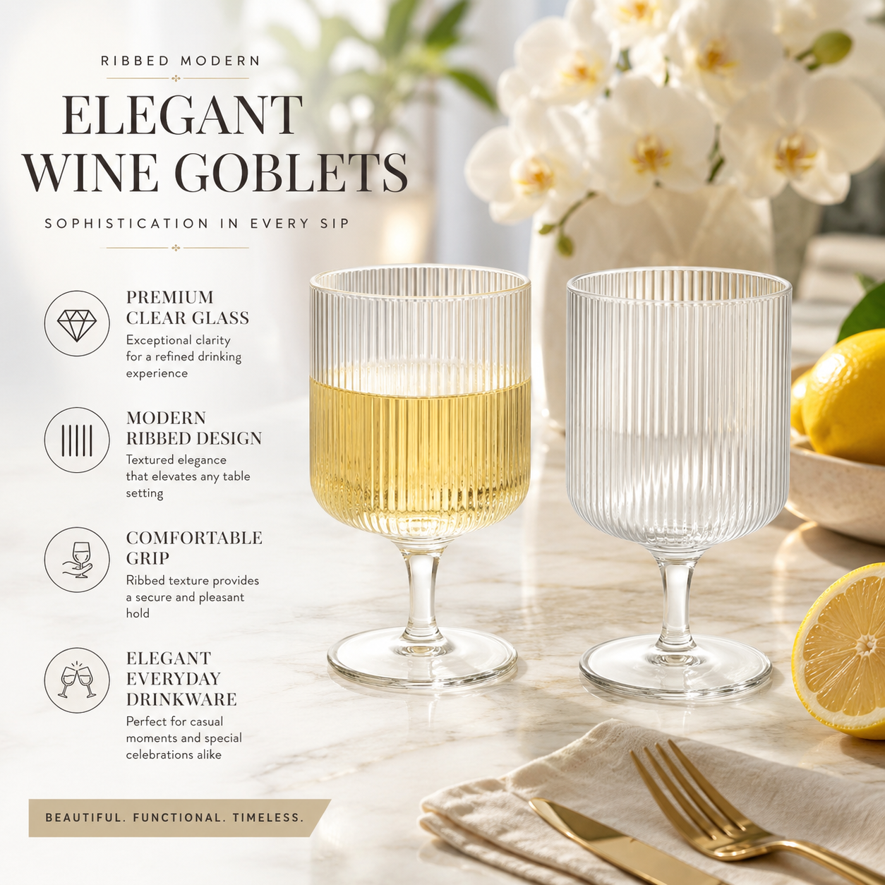 Khen Textured Clear Glass Ribbed Modern Elegant Wine Goblets | Set of 2