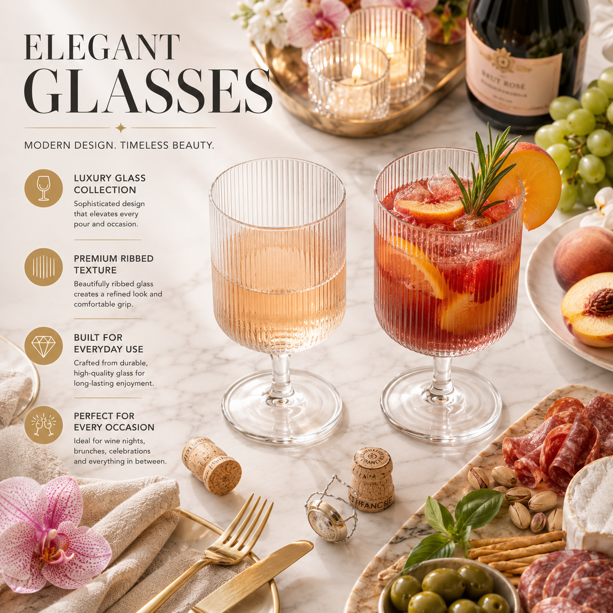 Khen Textured Clear Glass Ribbed Modern Elegant Wine Goblets | Set of 2