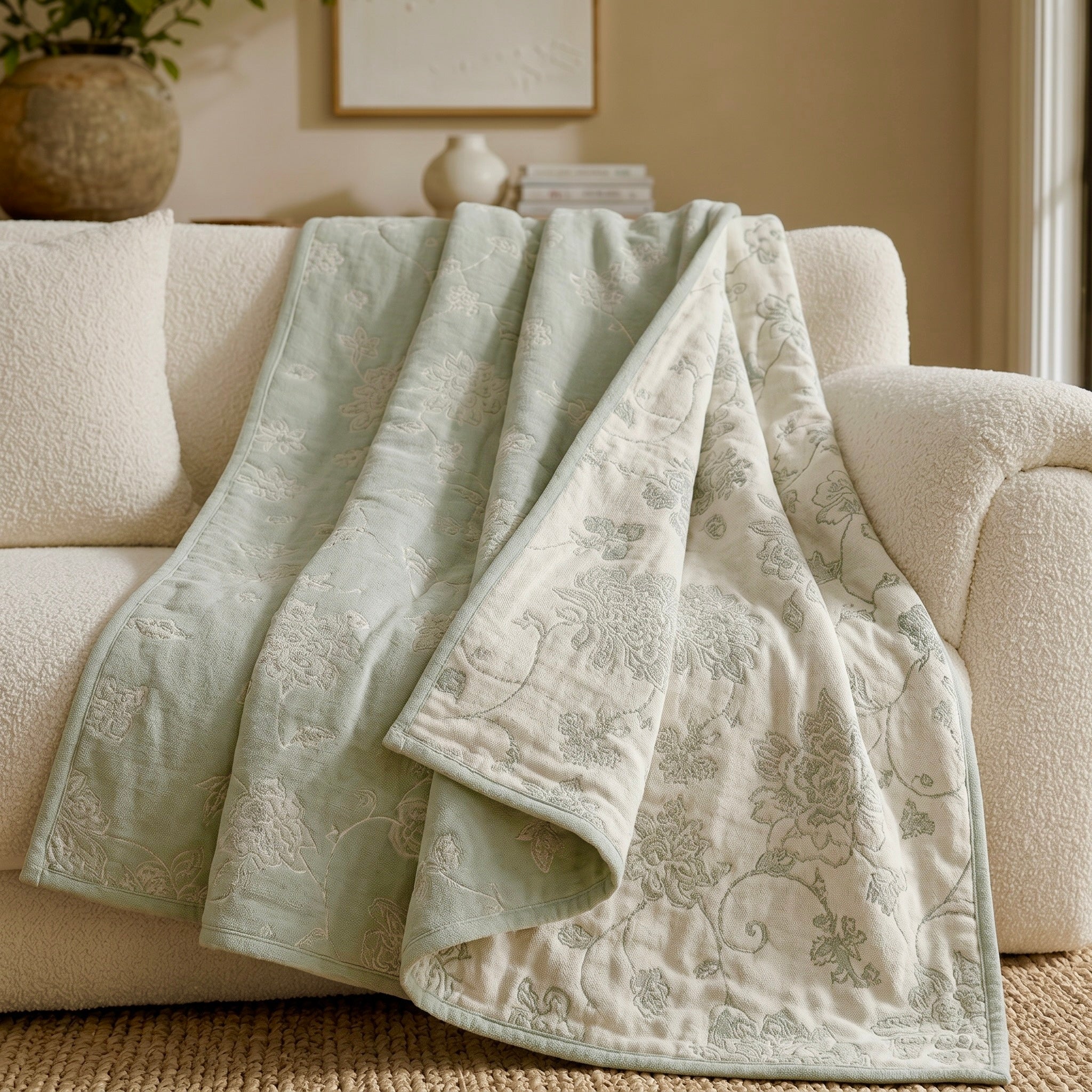 NEW Anthro Boho Floral Muslin Green Reversible Throw Blanket - 90" x 80"