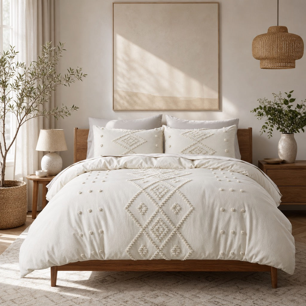 NEW Anthropologie Cream Boho King / Queen Tassel Fringe Bedspread Duvet Sham Set