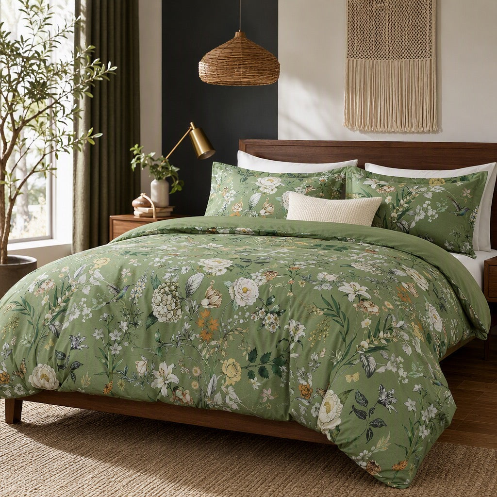 NEW Anthropologie Vintage Green Floral Bird Queen King Duvet Bedding & Sham Set