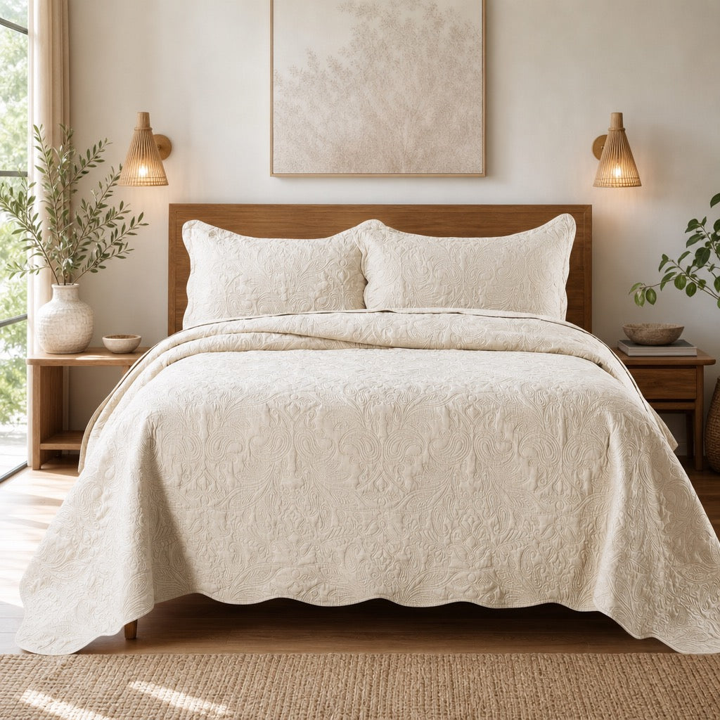NEW Anthropologie Ivory Queen / King Size Reversible Quilt Bedspread Blanket & Sham Set