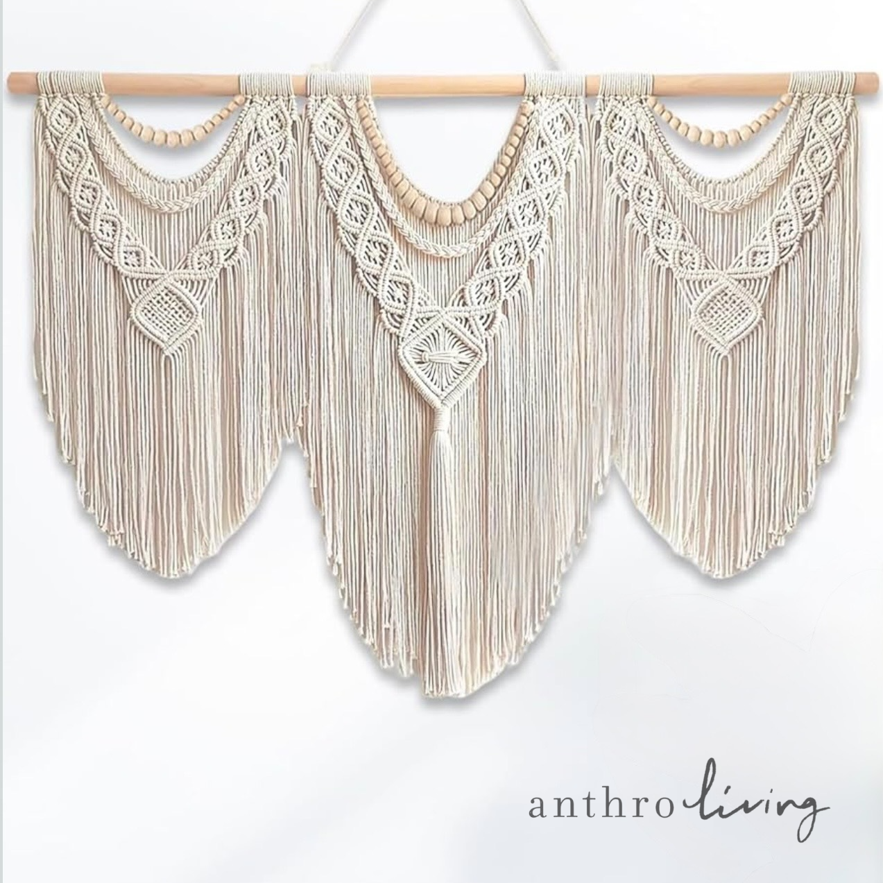 NEW Anthropologie Large Boho Tapestry Macrame Woven Beaded Wood Wall Hanging