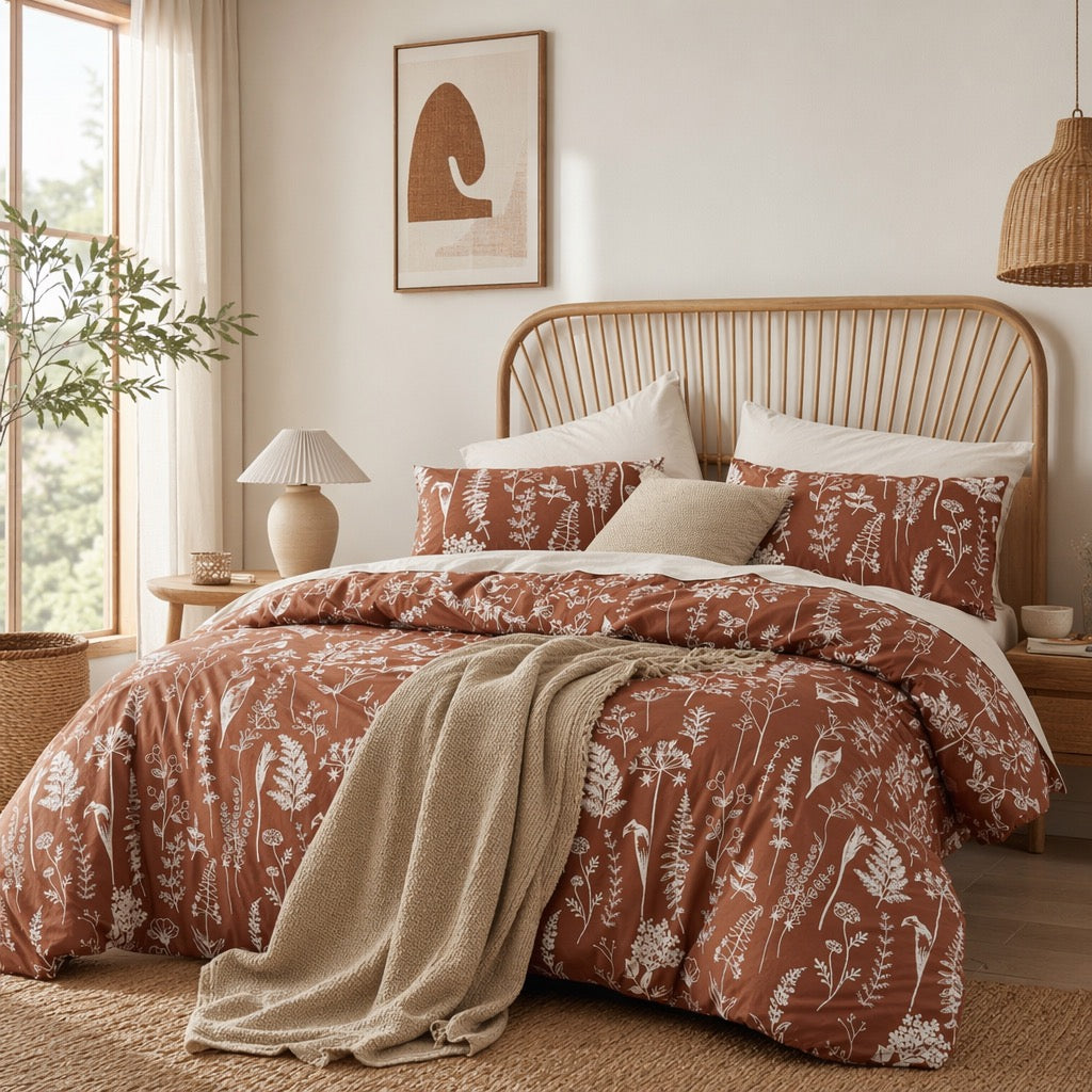 NEW West Elm Red King Size Comforter Botanical Print Bedding & Sham Case Set