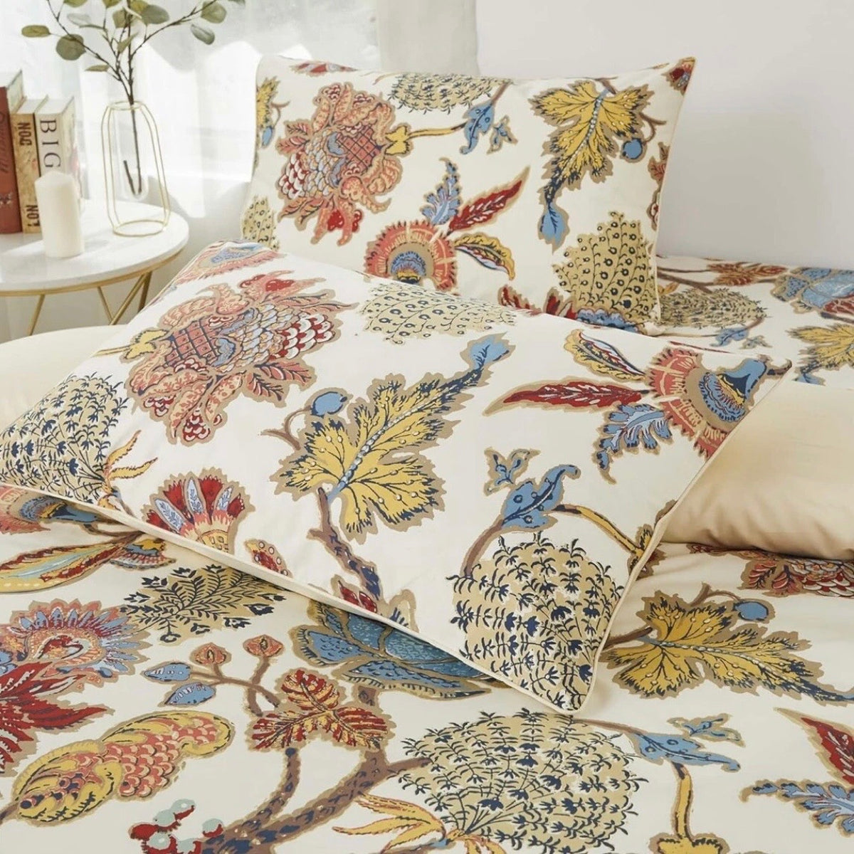 NEW Anthropologie Cream Red Cotton Queen / King Floral Bedding Duvet & Sham Set