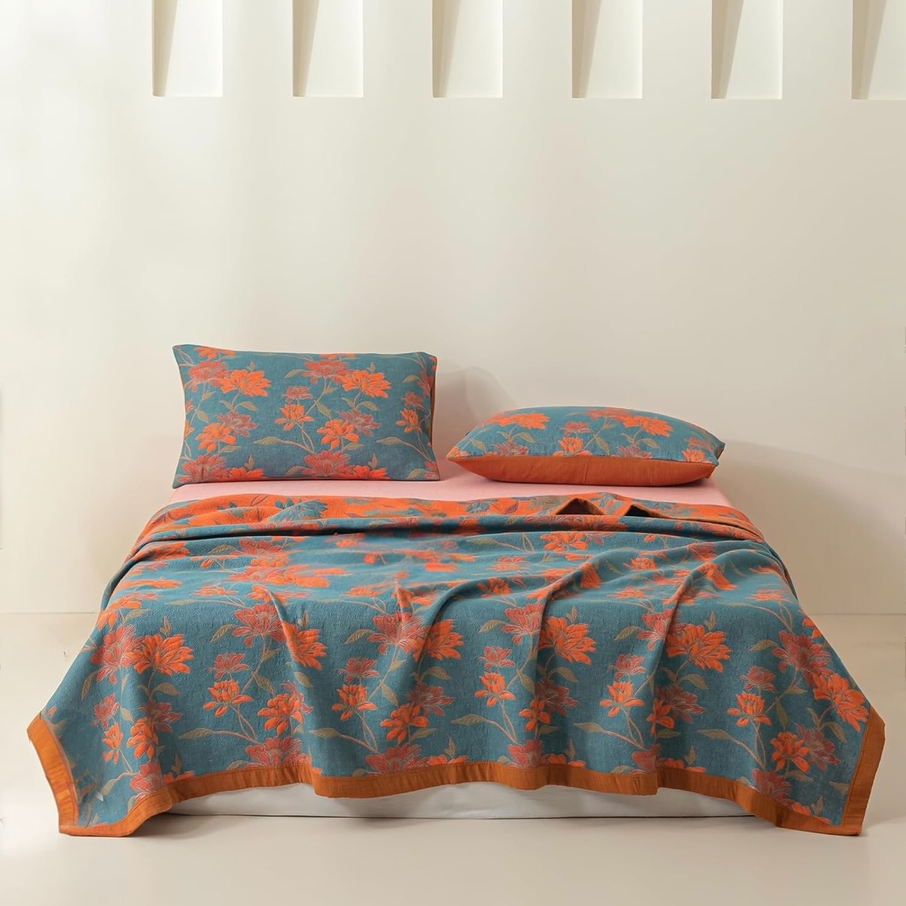 NEW Anthropologie Blue Orange Reversible King Size Bedspread Blanket Sham Set