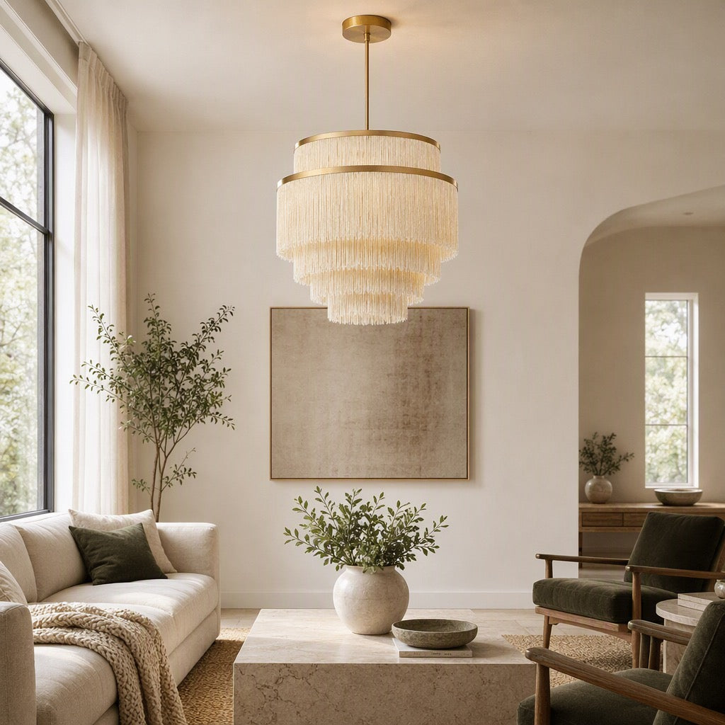 NEW Anthropologie Chandelier Mid-Century Boho Fringe Gold Ceiling Light Fixture