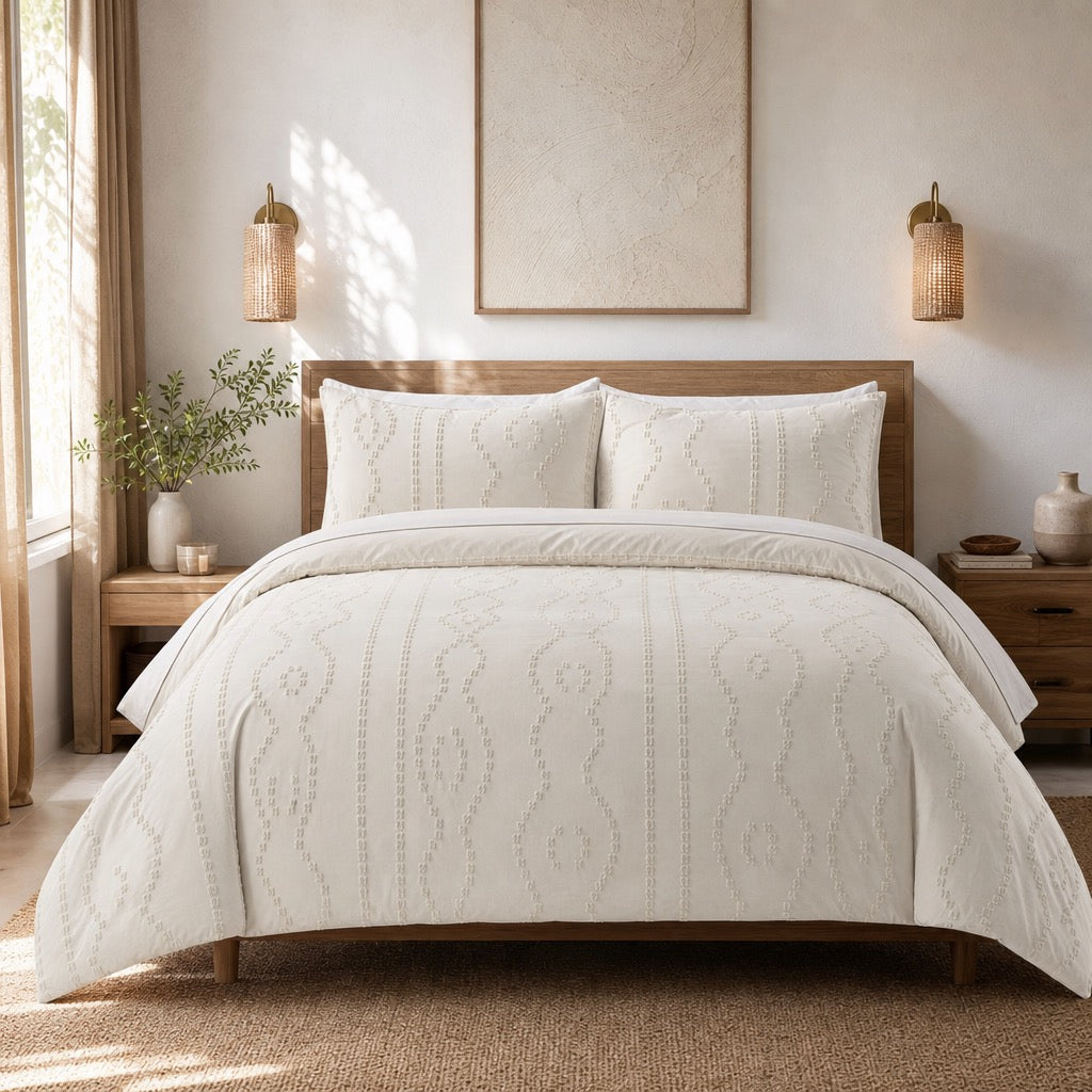NEW Anthropologie Beige King / Queen Size Tufted Fringe Bedding Duvet Sham Set