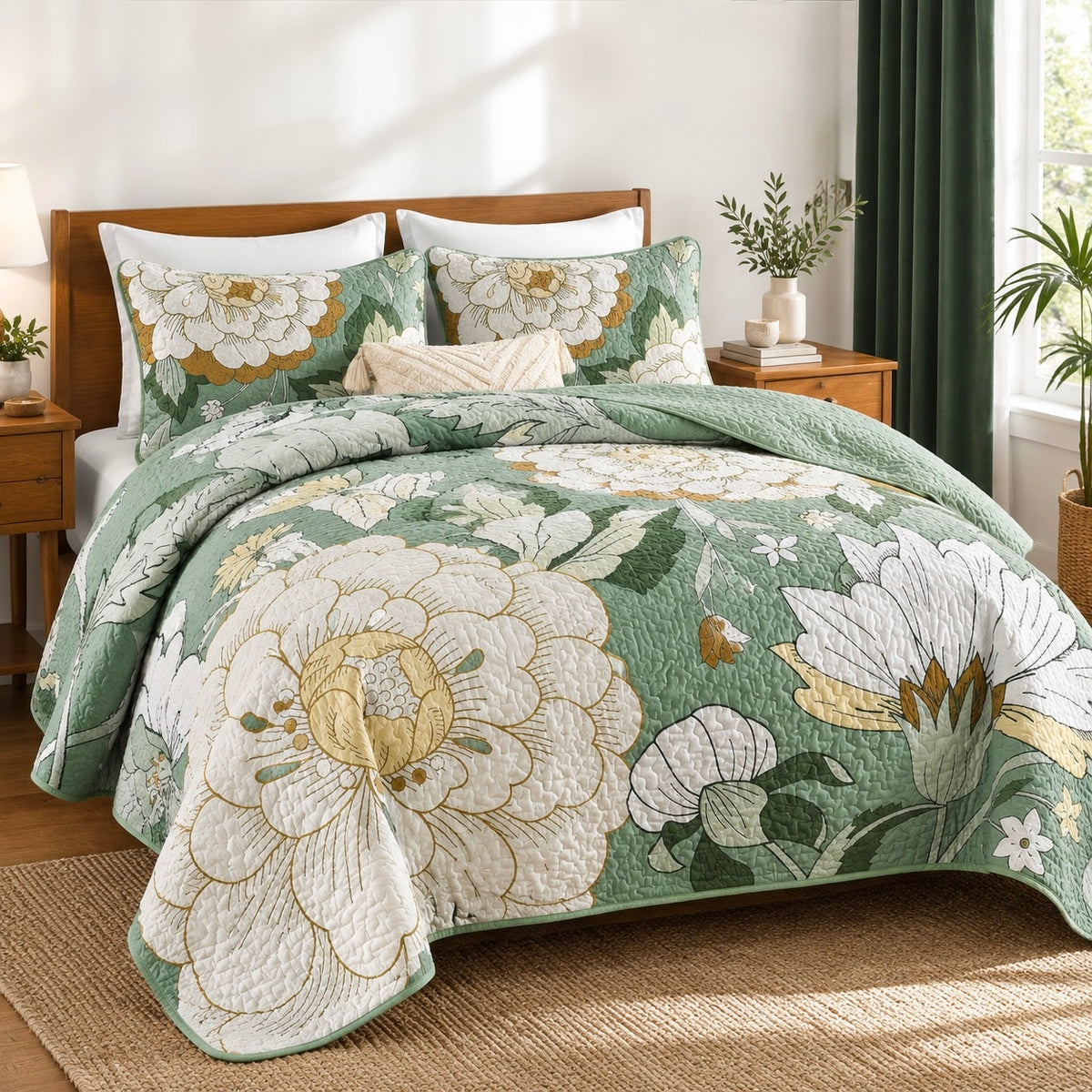 NEW Anthropologie Green & Yellow Floral Boho Queen / King Bedding Quilt Sham Set