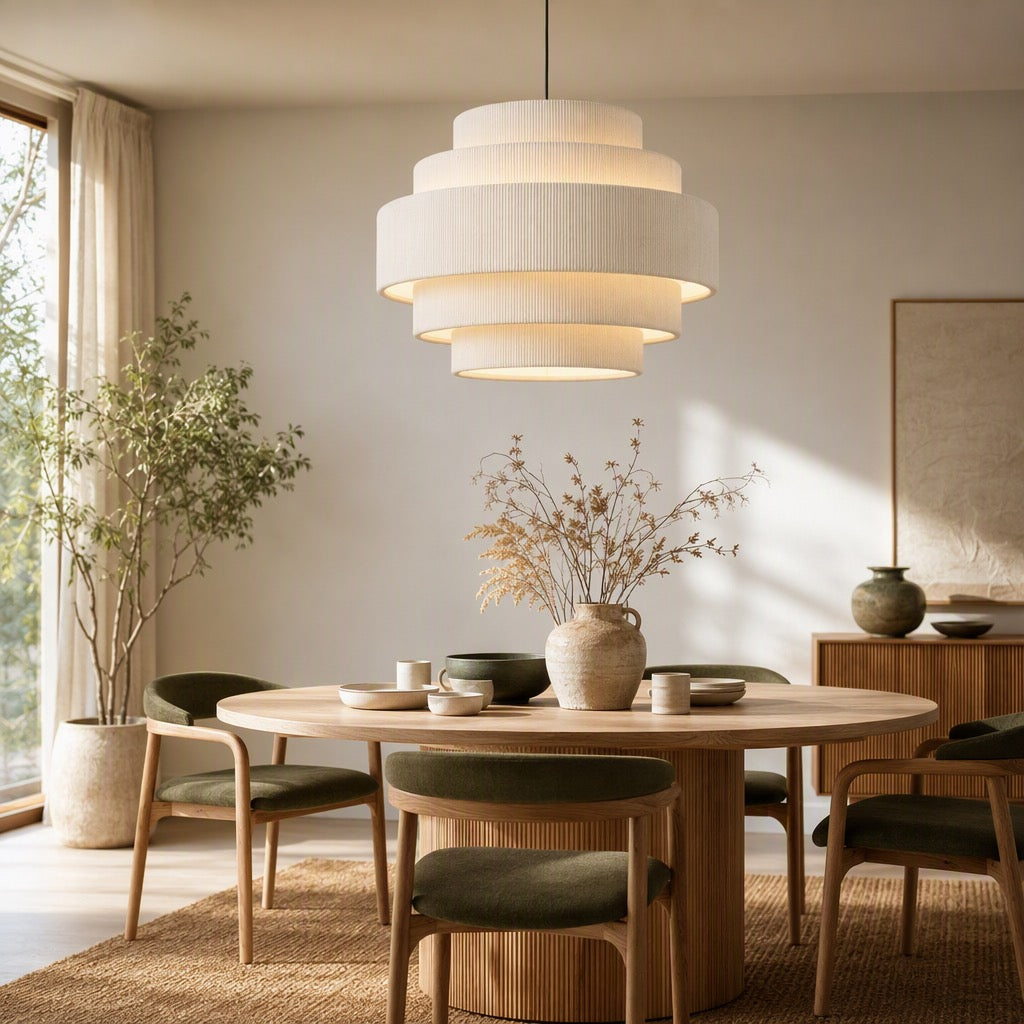 NEW West Elm 5-Tier Boho Beige Corduroy Boho Chandelier Hanging Light Fixture