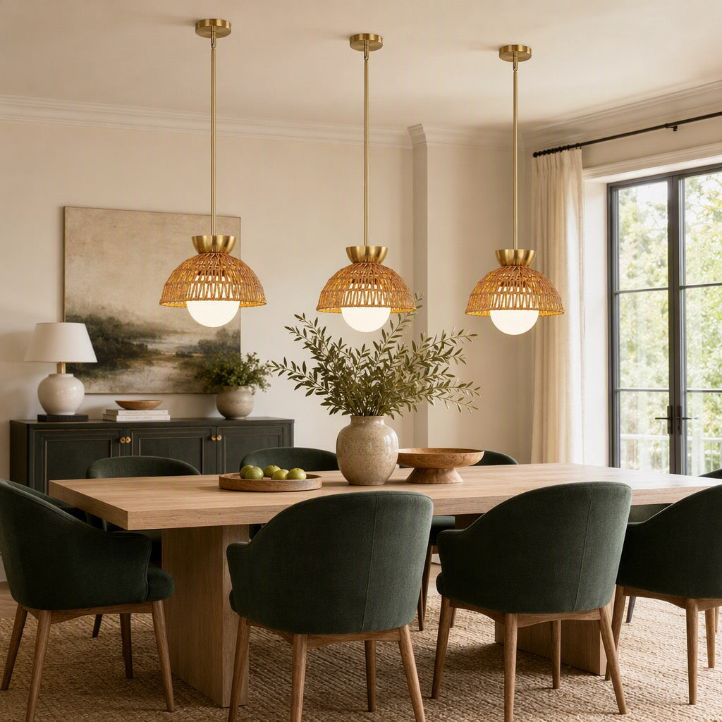 NEW West Elm Gold & Rattan Glass Globe Woven Hanging Boho Pendant Light Fixture