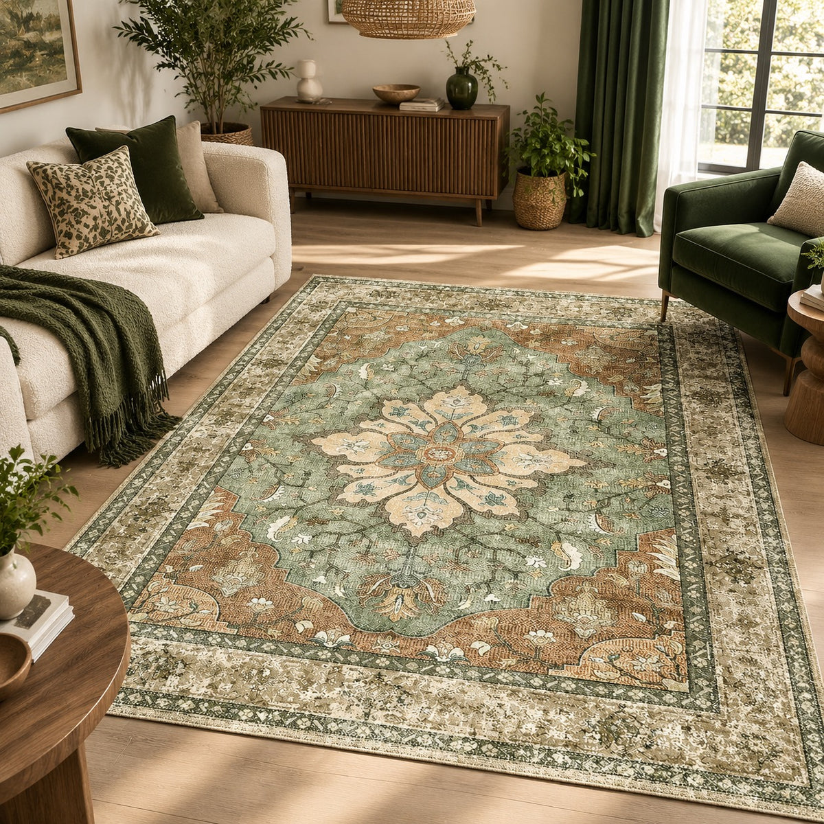 NEW West Elm Green Moroccan Boho Floral Washable Area Rug Carpet - 5' x 7'