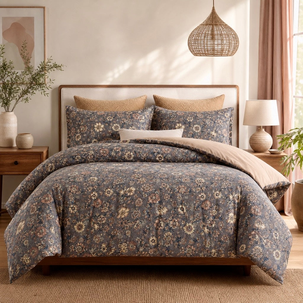 NEW Anthropologie Purple Floral Silky Queen / King Comforter Bedding & Sham Set