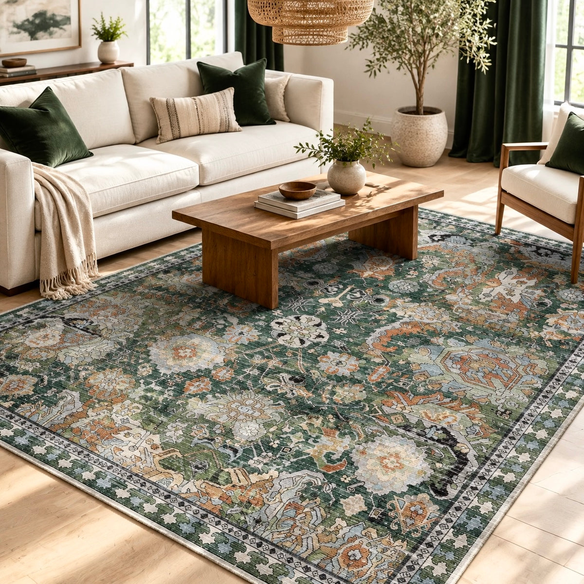 NEW Anthropologie Green Vintage Floral Boho Washable Area Rug Carpet - 5' x 7'