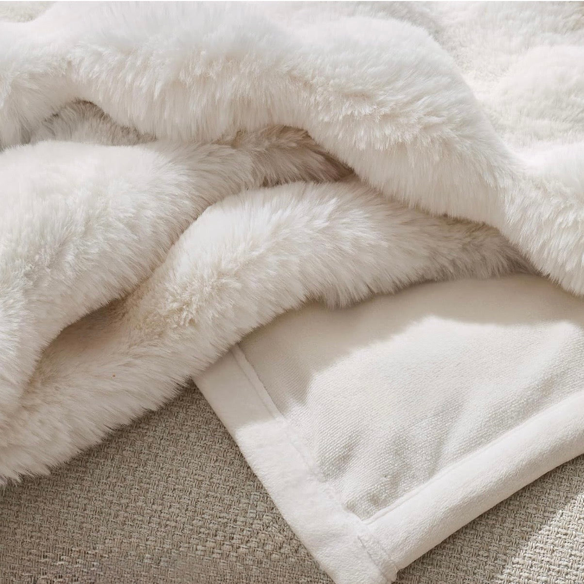 NEW West Elm Boho Ivory Faux Rabbit Fur Plush Throw Blanket Bedding - 50" x 60"