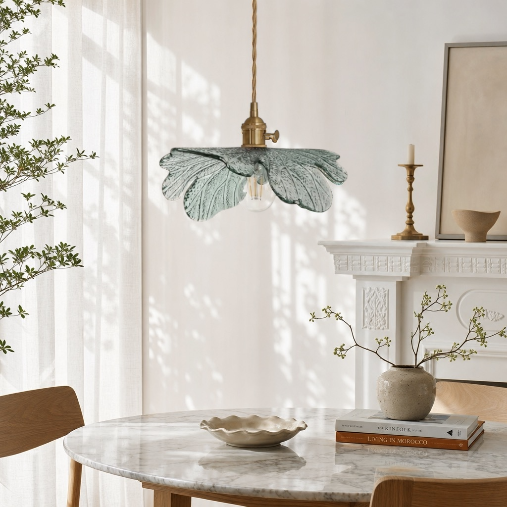 NEW Anthro Vintage Blue Glass Hanging Retro Gold Floral Pendant Light Fixture
