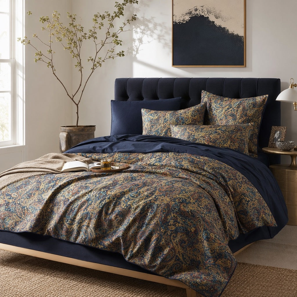 NEW Anthropologie Navy Blue Paisley Boho Queen / King Bedding Duvet & Sham Set