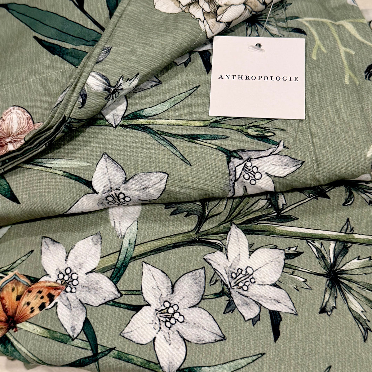 NEW Anthropologie Vintage Green Floral Bird Queen King Duvet Bedding & Sham Set