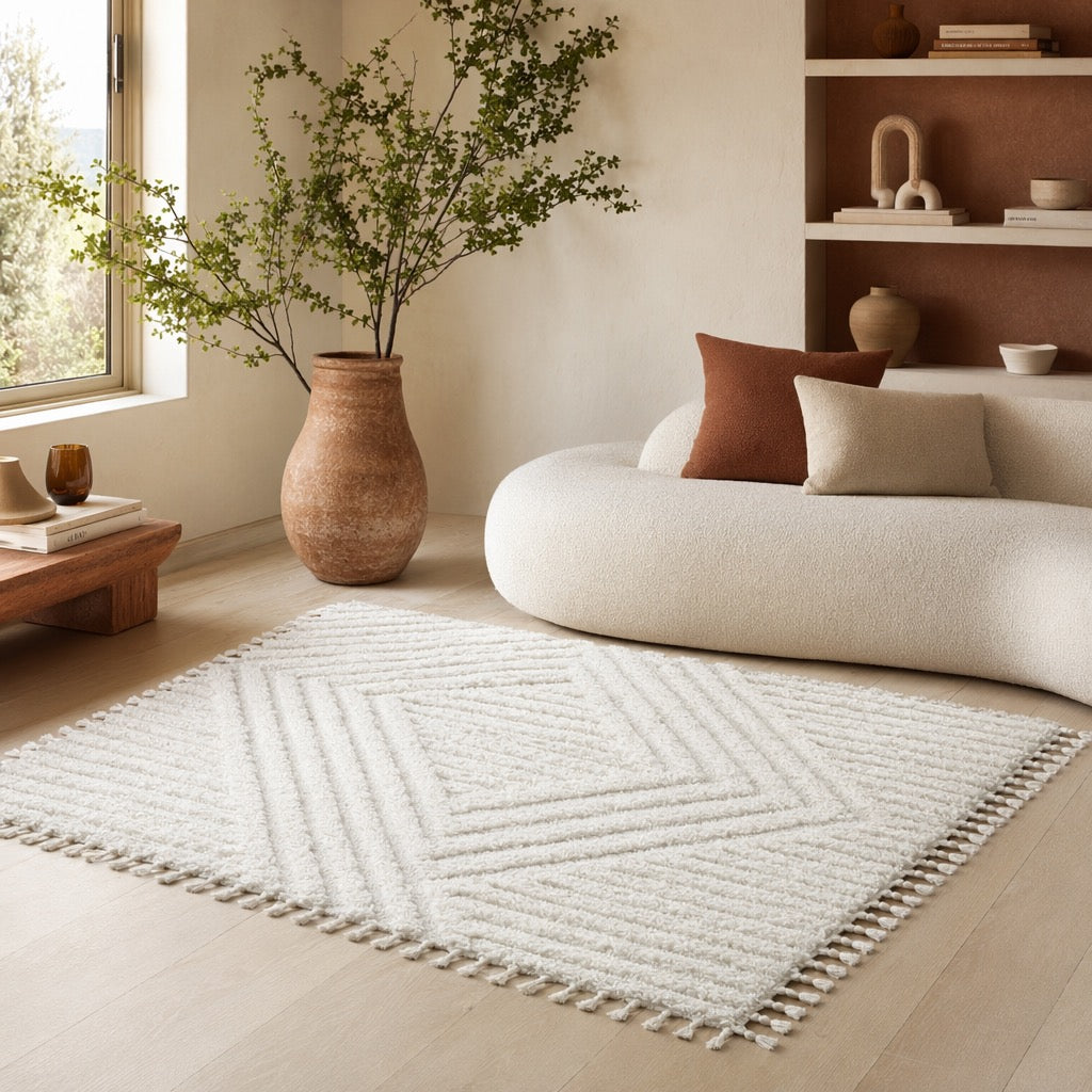 NEW West Elm White Cream Boho Tassel Geometric Shag Area Rug Carpet - 4' x 6'