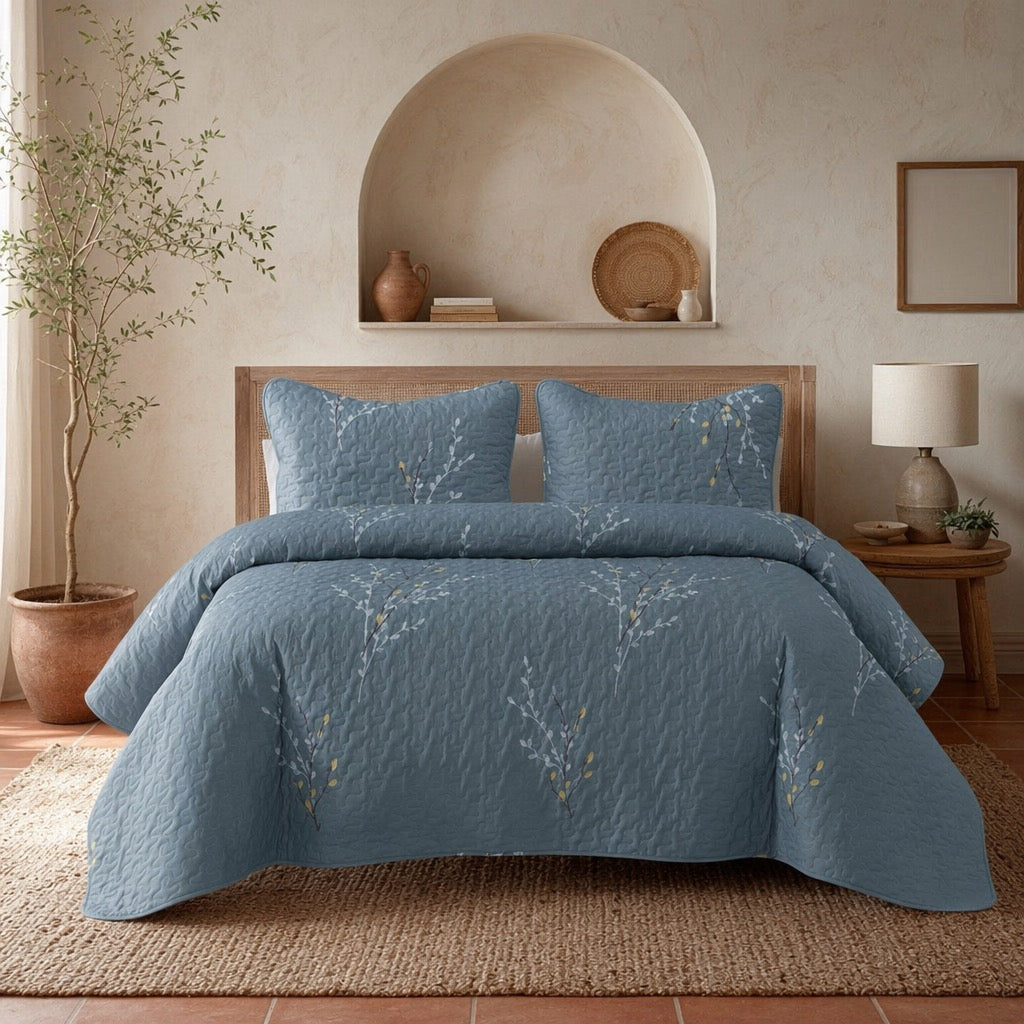 NEW West Elm Blue King Size Floral Embroidered Bedspread Quilt Pillow Case Set