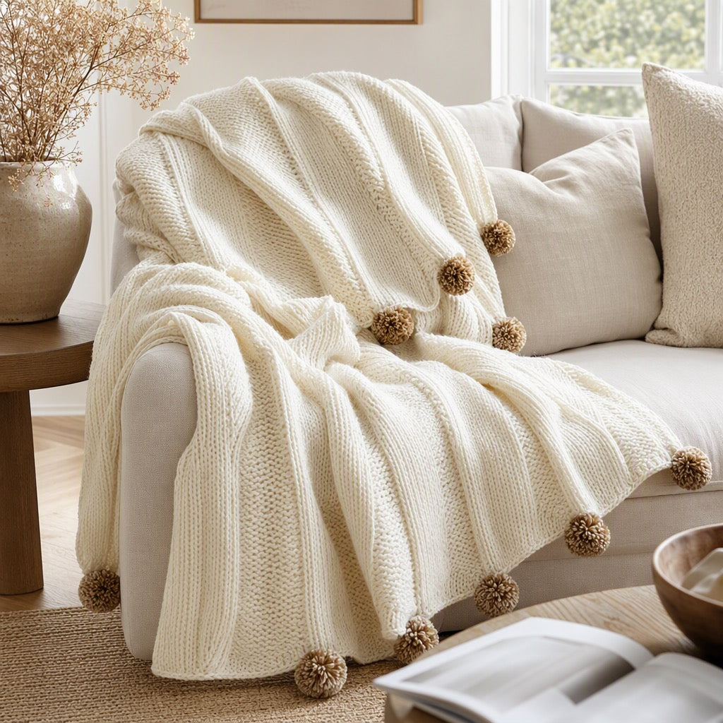 NEW West Elm Boho White Knit Fur Pom Pom Throw Blanket Bedding - 50" x 64"