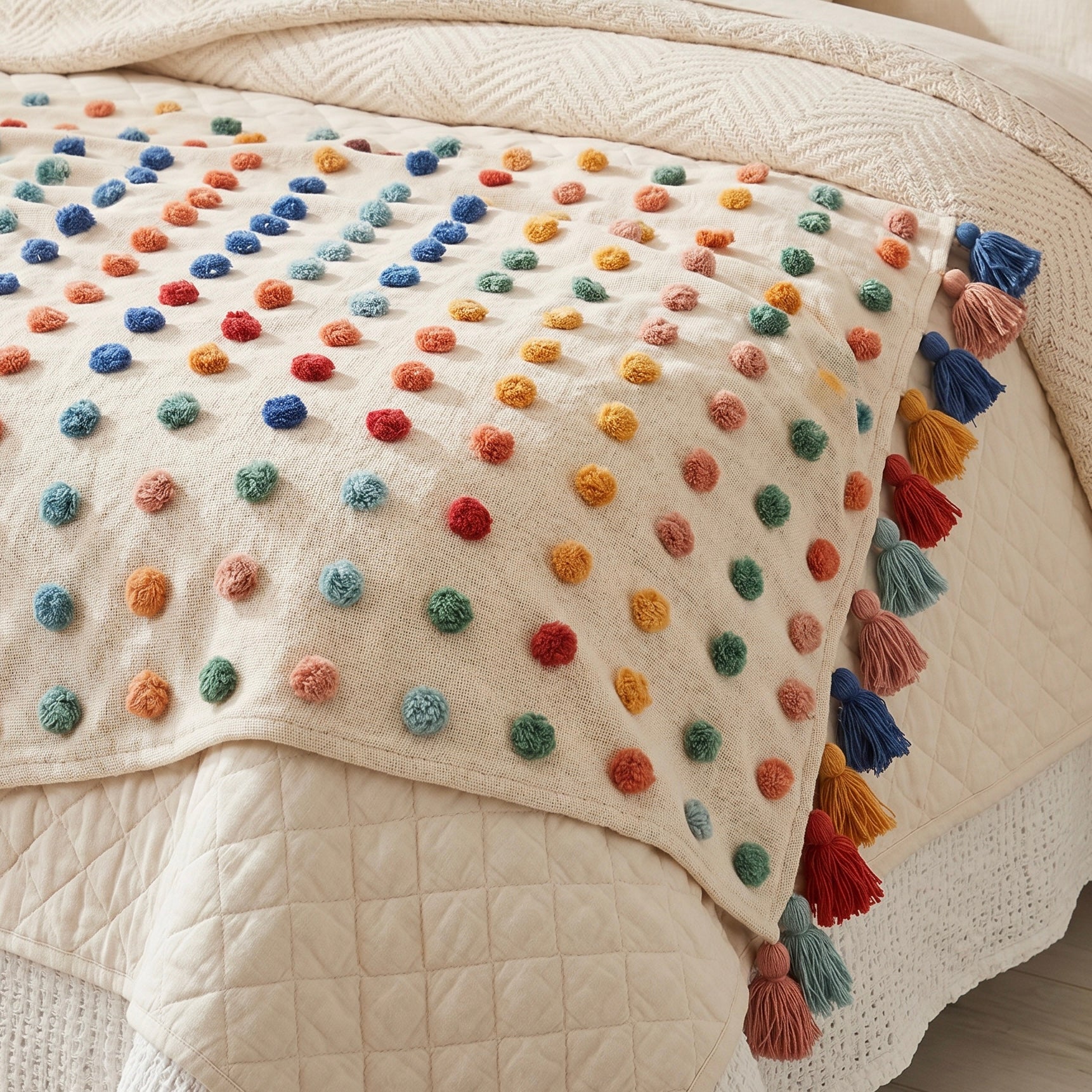 New Anthropologie Boho Tassel Pom Pom Colorful Throw Blanket Bedding - 50" x 60"