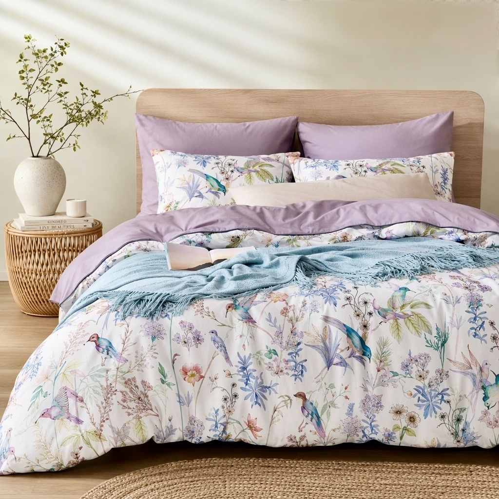 NEW Anthropologie Purple Floral Bird Cotton Queen / King Bedding Duvet Sham Set